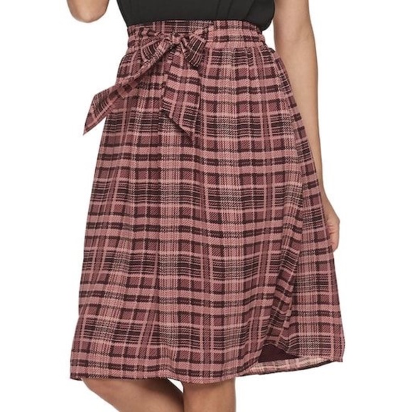 ELLE Skirt A-Line Tie-Waist Lined Pink Wine Plaid - Picture 1 of 9